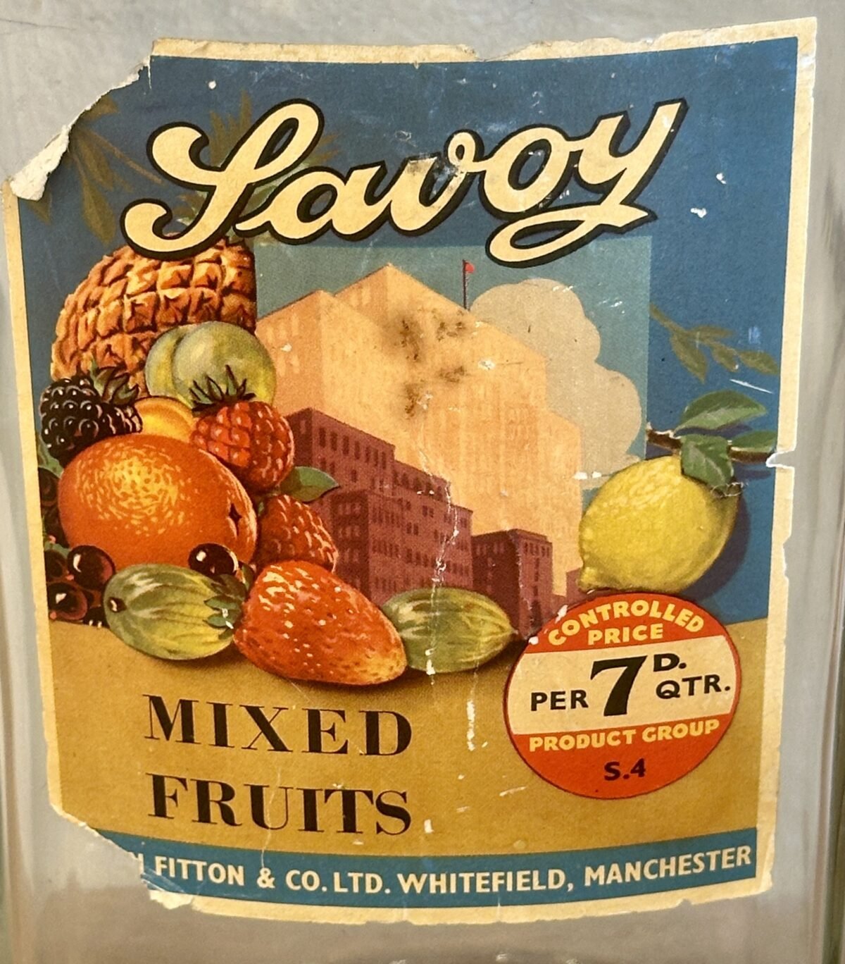 <p>Glazen voorraadpot - groot model - Savoy Mixed Fruits - Manchester England - deksel ontbreekt</p> - Brocante