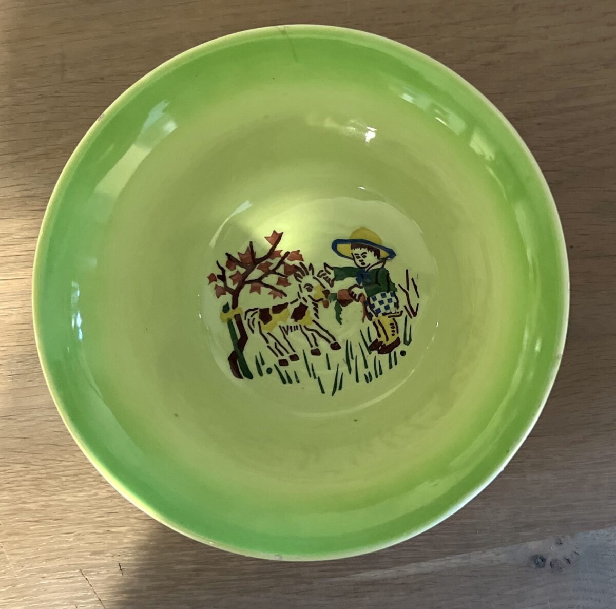 <p>Schaaltje - diep, rond, model - kinderservies - Schramberg (SMF) - décor met van licht naar donkerder lopend groen</p> - Schramberg