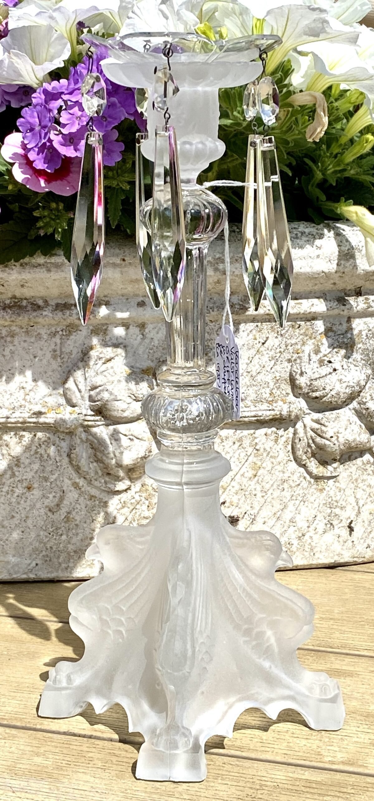 <p>Kandelaar - glas - Val Saint Lambert (Val St. Lambert) - deels gesatineerd, deels helder glas</p> - Brocante