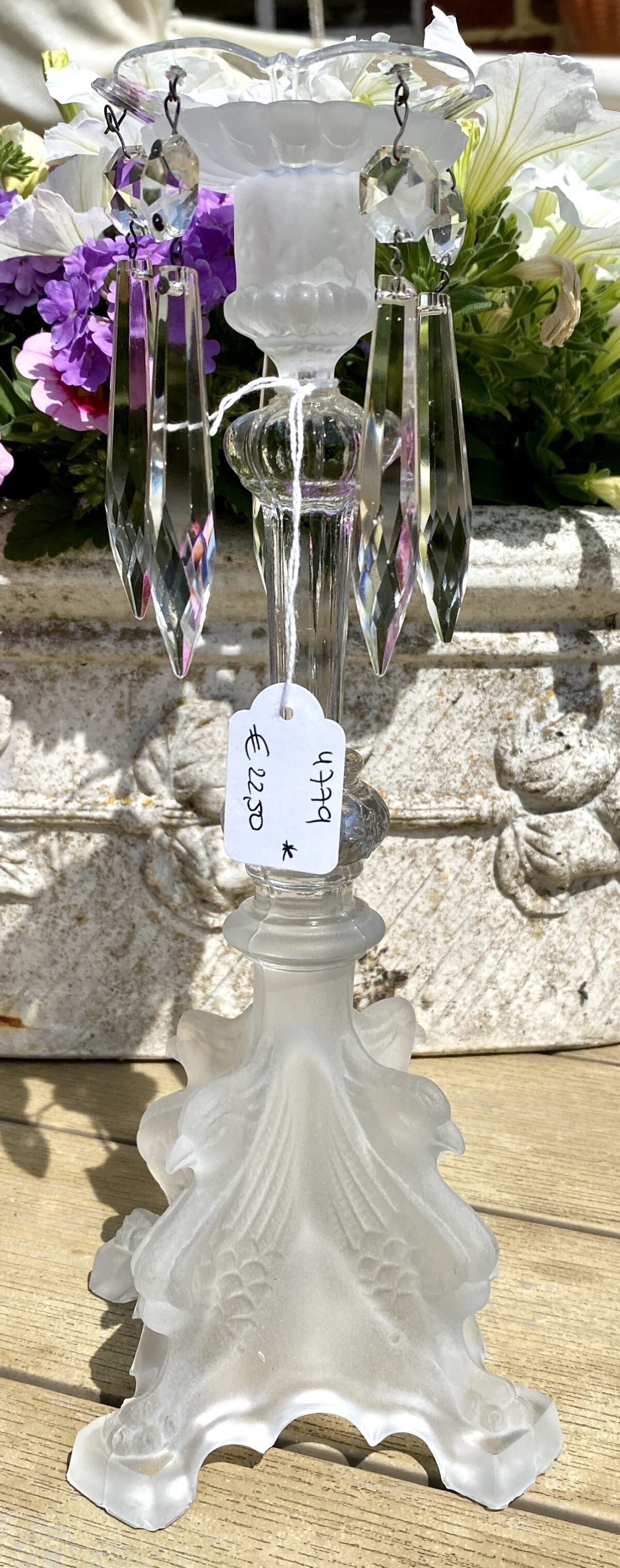 <p>Kandelaar - glas - Val Saint Lambert (Val St. Lambert) - deels gesatineerd, deels helder glas</p> - Brocante